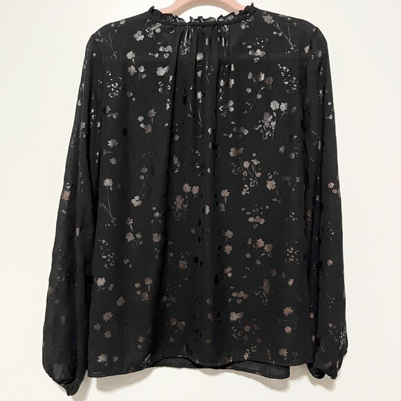 Liz Claiborne Womens Ruffle Blouse L Black Dark Floral Romantic Corporate Goth - Picture 2 of 8